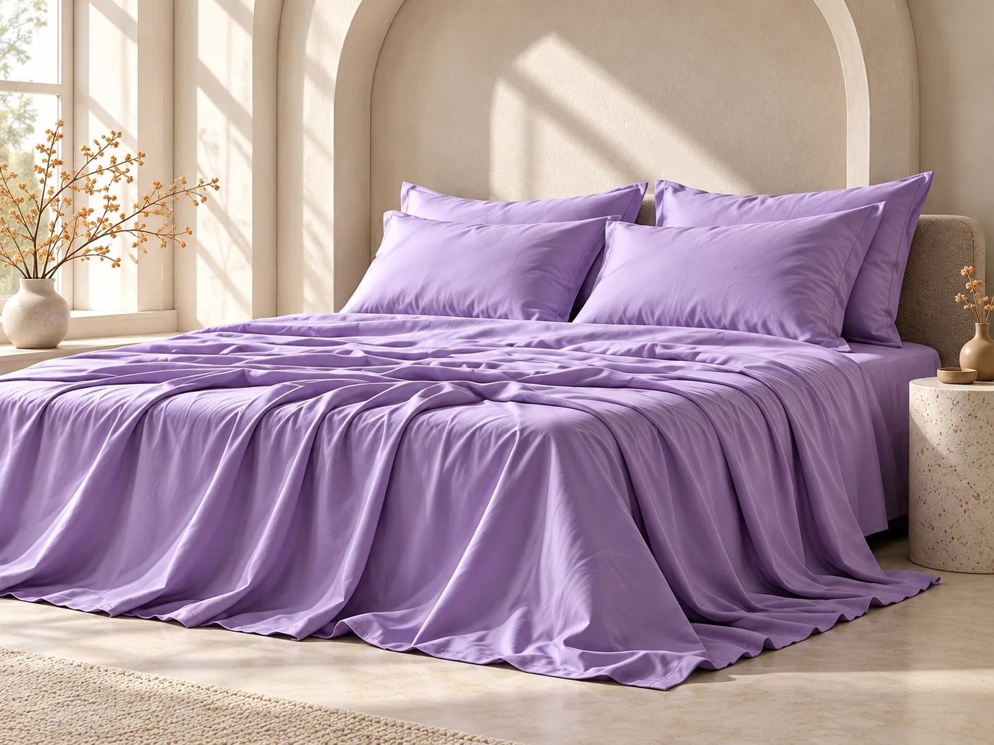 Lavender bedding arranged on a bed in a warm ivory room.