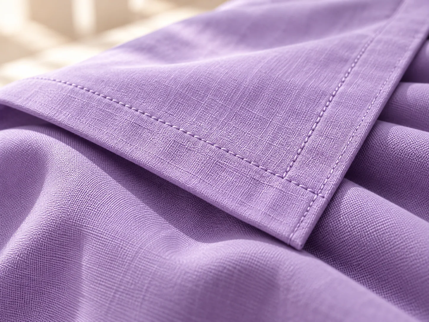 A folded lavender sheet corner with a stitched hem.