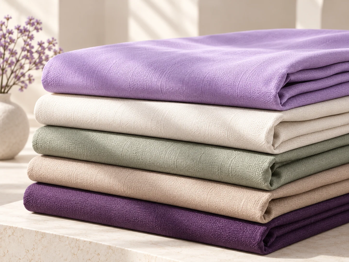 Five folded fabric samples in lavender, ivory, sage, sand and plum.