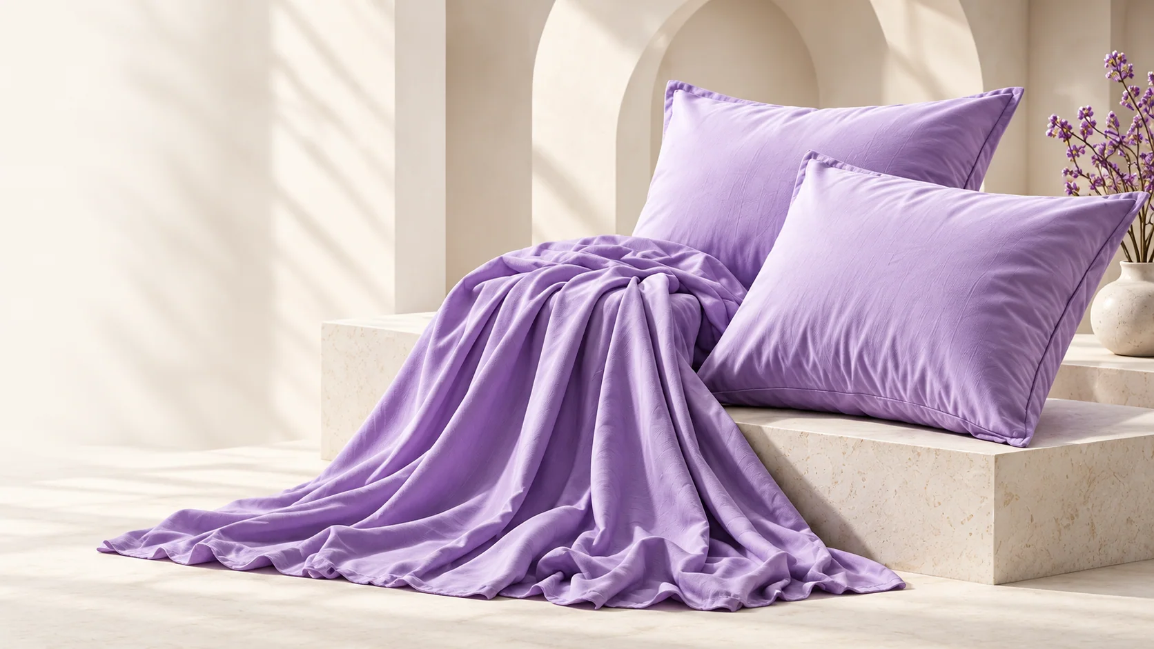 Lavender pillows and draped fabric on an ivory stone plinth.