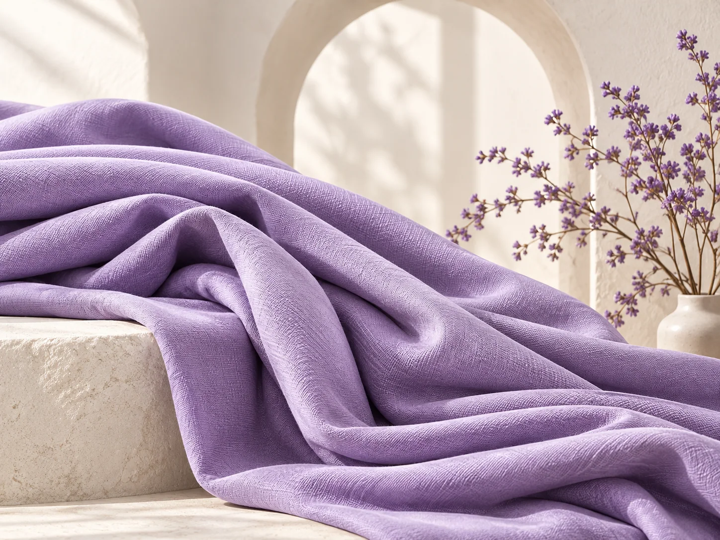Lavender fabric and dried sprigs beside an ivory architectural backdrop.